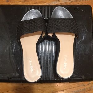 Nine West black fabric & leather wedge sandals